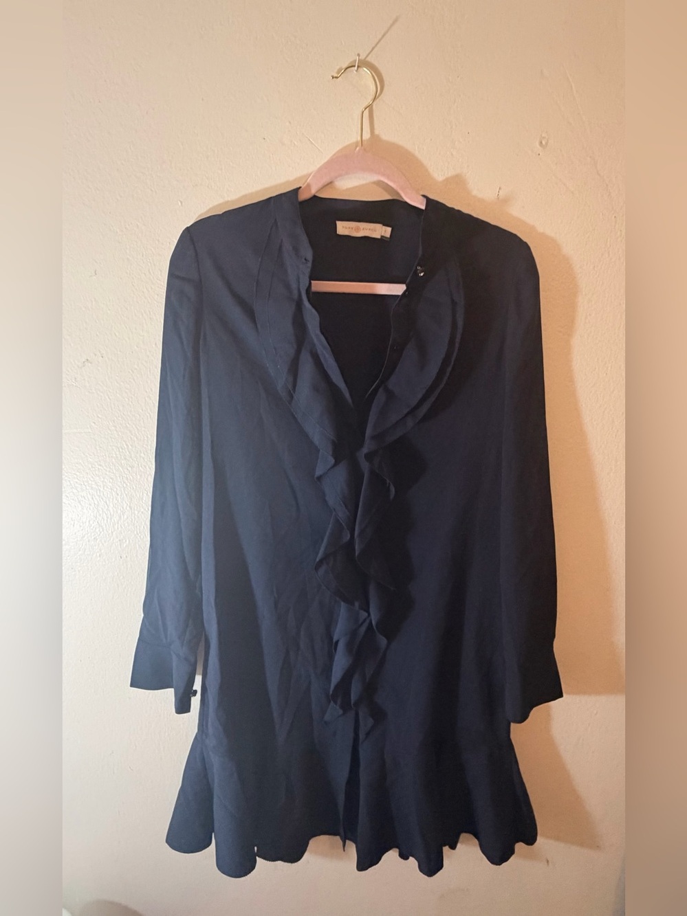 Tory Burch Jane Dress Ruffled V-Neck Long-Sleeve — Navy